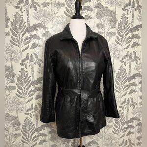 Wilsons Black leather Jacket vintage 90’s coat L belt